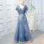 Chic / Beautiful Pool Blue Prom Dresses 2019 A-Line / Princess V-Neck Lace Short Sleeve Backless Bow Floor-Length / Long Formal Dresses