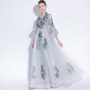 Chinese Style Grey Evening Dresses 2018 A Line Princess Lace Appliques V Neck 3 4 Sleeve Floor Length Long Formal Dresses