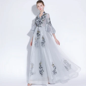 Chinese Style Grey Evening Dresses 2018 A Line Princess Lace Appliques V Neck 3 4 Sleeve Floor Length Long Formal Dresses
