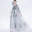 Chinese style Grey Evening Dresses  2018 A-Line / Princess Lace Appliques V-Neck 3/4 Sleeve Floor-Length / Long Formal Dresses