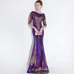 Scintillantes Grape Robe De Soirée 2018 Trompette Sirène Glitter Paillettes Brodé Encolure Dégagée 1 2 Manches Longue Robe De Ceremonie