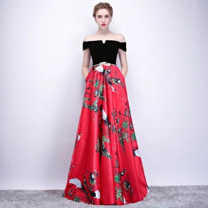 Chic Belle Rouge Robe De Soirée 2018 Princesse Métal Ceinture Impression De L Épaule Dos Nu Sans Manches Longue Robe De Ceremonie