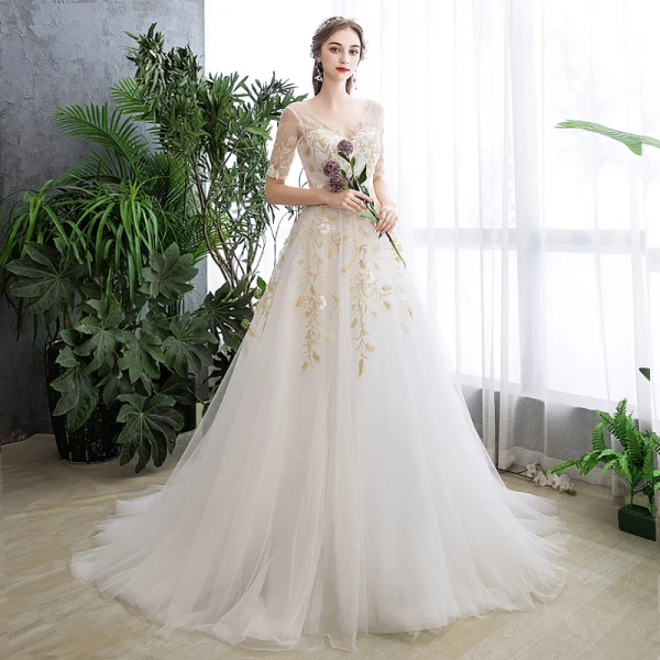 Affordable Ivory Wedding Dresses 2019 A-Line / Princess V-Neck Sequins Lace Flower Short Sleeve Backless Sweep Train Affordable Ivory Wedding Dresses 2019 A-Line / Princess V-Neck Sequins Lace Flower Short Sleeve Backless Sweep Train