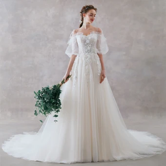 Elegant Ivory Wedding Dresses 2019 A Line Princess Spaghetti Straps Bow Appliques Lace Flower Sequins Short Sleeve Backless Court Train