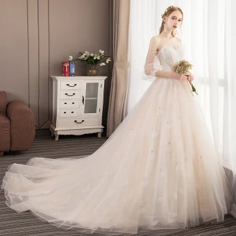 Elegant Champagne Wedding Dresses 2019 A Line Princess Strapless Beading Pearl Lace Short Sleeve Backless Court Train