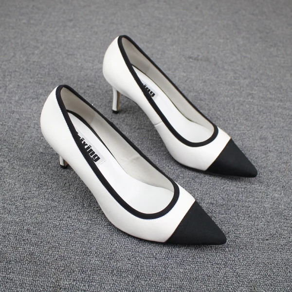 Chic / Beautiful Black White Casual Pumps 2019 Leather 7 cm Stiletto Heels Pointed Toe Pumps