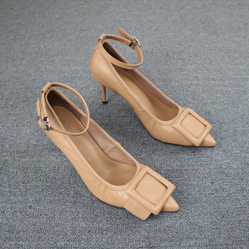 Snygga Fina Kaki Casual Damskor 2019 Läder Ankelband Spänne 7 Cm Stilettklackar Spetsiga Pumps