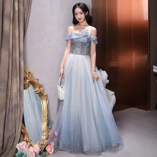 Fashion Sky Blue Prom Dresses 2021 A-Line / Princess Off-The-Shoulder Beading Sequins Sleeveless Backless Floor-Length / Long Formal Dresses
