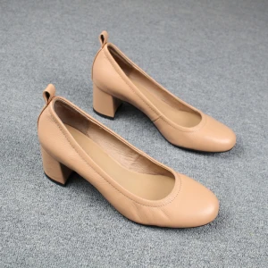 Eenvoudige Khaki Toevallig Pumps 2019 Leer 5 Cm Dikke Hak Ronde Neus Pumps