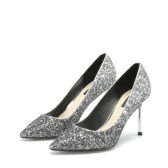 Sparkly Silver Leather Evening Party Pumps 2019 Sequins 8 Cm Stiletto Heels Pointed Toe Pumps
