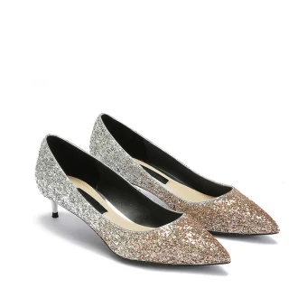 Fine Sølv Aften Pumps 2019 Lær Paljetter 4 Cm Stiletthæler Spisse Lav Hæl Pumps