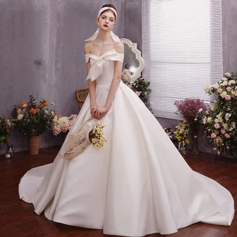 Charming Ivory Wedding Dresses 2019 A Line Princess Sleeveless Bow Off The Shoulder Backless Chapel Train