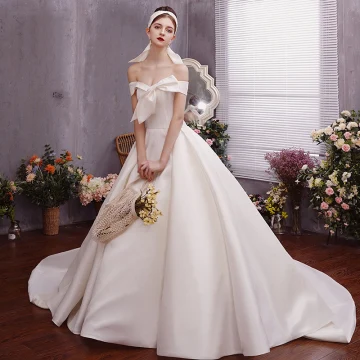 Charming Ivory Wedding Dresses 2019 A Line Princess Sleeveless Bow Off The Shoulder Backless Chapel Train