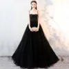 Elegant Black Prom Dresses 2018 A-Line / Princess Spaghetti Straps Backless Sleeveless Sweep Train Formal Dresses