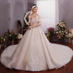 Charmant Champagne Robe De Mariée 2019 Princesse De L 039 Épaule Perlage Cristal Paillettes Perle Sans Manches Dos Nu Royal Train