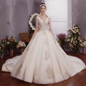 Charming Champagne Wedding Dresses Ball Gown 2019 Deep V Neck Beading Tassel Pearl Lace Flower Sequins Short Sleeve Backless Royal Train