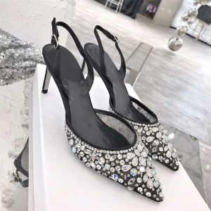 Snygga Fina Svarta Afton Damskor 2019 Läder Beading Kristall Rhinestone 10 Cm Stilettklackar Spetsiga Högklackade