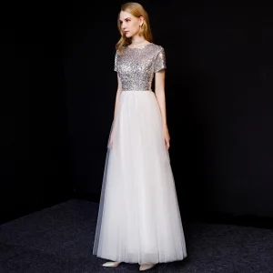 Chic Beautiful White Evening Dresses 2019 A Line Princess Scoop Neck Sequins Short Sleeve Floor Length Long Formal Dresses