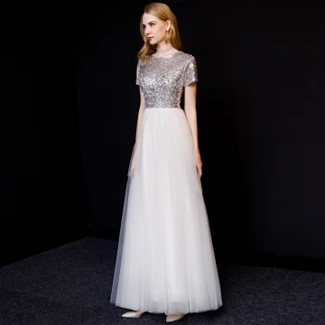 Chic Belle Blanche Robe De Soirée 2019 Princesse Encolure Dégagée Paillettes Manches Courtes Longue Robe De Ceremonie