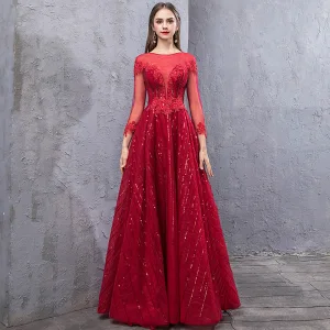 Chic Belle Bordeaux Robe De Soirée 2019 Princesse Encolure Dégagée Fait Main Perlage Cristal Paillettes Dos Nu Manches Longues Longue Robe De Ceremonie