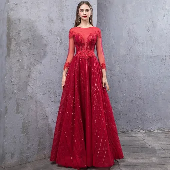 Chic Beautiful Burgundy Evening Dresses 2019 A Line Princess Scoop Neck Handmade Beading Crystal Sequins Backless Long Sleeve Floor Length Long Formal Dresses