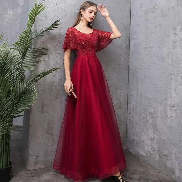 Charmant Bordeaux Robe De Soirée 2019 Princesse Encolure Dégagée Paillettes Manches Courtes Dos Nu Longue Robe De Ceremonie