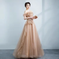 Elegante Champán Vestidos de gala 2021 A-Line / Princess Ruffle Fuera Del Hombro Rebordear Rhinestone Sin Mangas Sin Espalda Largos Vestidos Formales