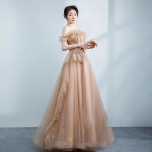 Edles Champagner Ballkleider 2021 A Linie Rüschen Off Shoulder Perlenstickerei Strass Ärmellos Rückenfreies Lange Festliche Kleider