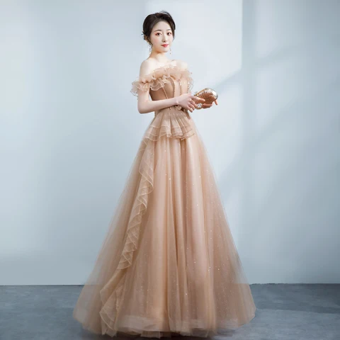 Edles Champagner Ballkleider 2021 A Linie Rüschen Off Shoulder Perlenstickerei Strass Ärmellos Rückenfreies Lange Festliche Kleider