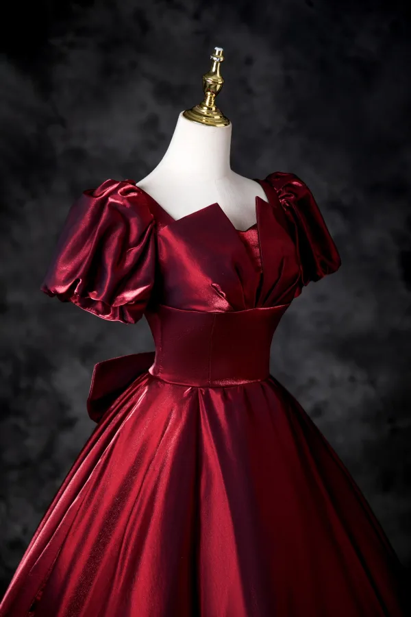 Vintage / Retro Burgundy Prom Dresses 2025 Ball Gown Square Neckline Puffy Short Sleeve Backless Bow Floor-Length / Long Prom Formal Dresses