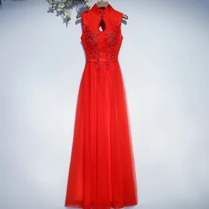 Chic Belle Rouge Robe De Ceremonie Robe De Soirée 2017 En Dentelle Fleur Paillettes Dos Nu Col Haut Sans Manches Longue Princesse