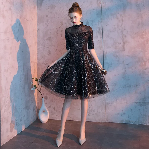 Chic / Beautiful Black Homecoming Graduation Dresses 2019 A-Line / Princess High Neck 1/2 Sleeves Sequins Knee-Length Formal Dresses