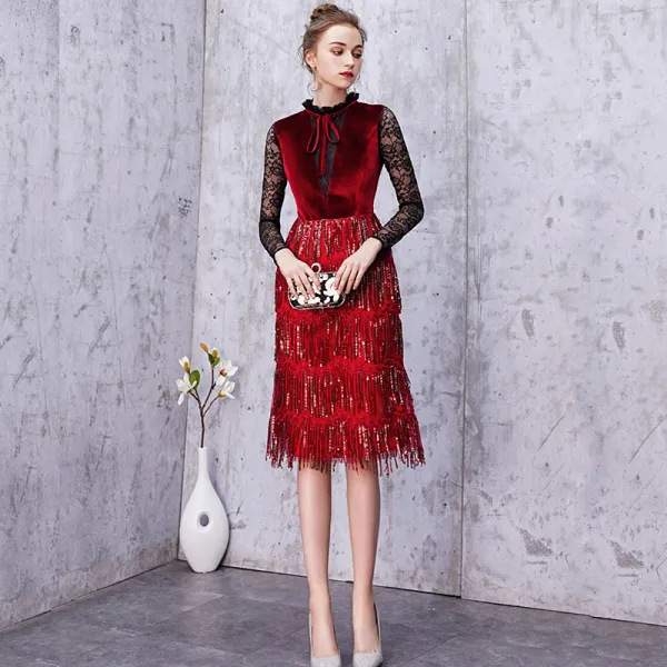 Vintage / Retro Chinese style Burgundy Party Dresses 2019 Scoop Neck Suede Sequins Tassel Lace Long Sleeve Knee-Length Formal Dresses