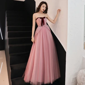 Elegant Rødmende Rosa Formelle Kjoler 2019 Prinsesse Strapless Sløyfe Uten Ermer Ryggløse Lange Ballkjoler