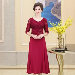 Elegant Burgundy Mother Of The Bride Dresses 2019 A Line Princess V Neck Crystal Lace Flower 1 2 Sleeves Tea Length Wedding Party Dresses