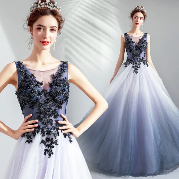 Élégant Dégradé De Couleur Robe De Soirée 2019 Princesse Encolure Dégagée Perlage Paillettes Perle Cristal En Dentelle Fleur Sans Manches Dos Nu Longue Robe De Ceremonie