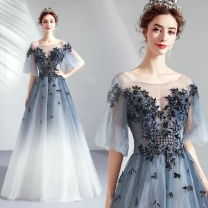 Élégant Dégradé De Couleur Robe De Soirée 2019 Princesse Encolure Dégagée Perlage Perle En Dentelle Fleur 1 2 Manches Dos Nu Longue Robe De Ceremonie