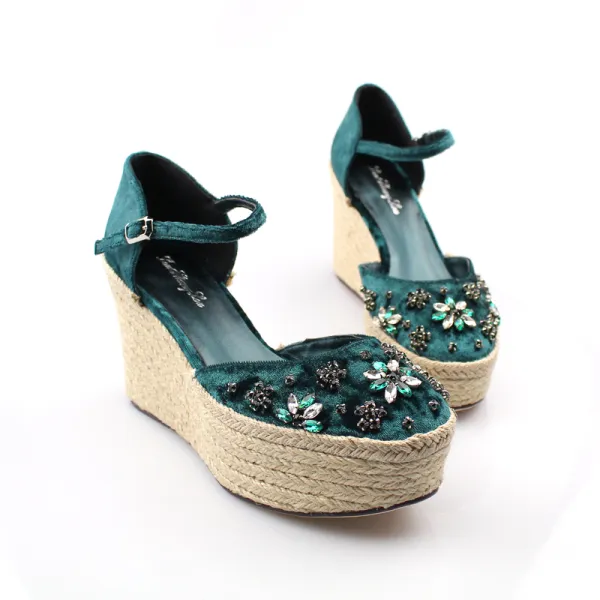 Chic / Beautiful Dark Green Casual Womens Sandals 2019 Leather Ankle Strap Crystal Rhinestone 9 cm Wedges Round Toe Sandals