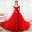 Chic / Beautiful Red Wedding Dresses 2019 A-Line / Princess Off-The-Shoulder Pearl Rhinestone Appliques Lace Flower Short Sleeve Backless Cathedral Train