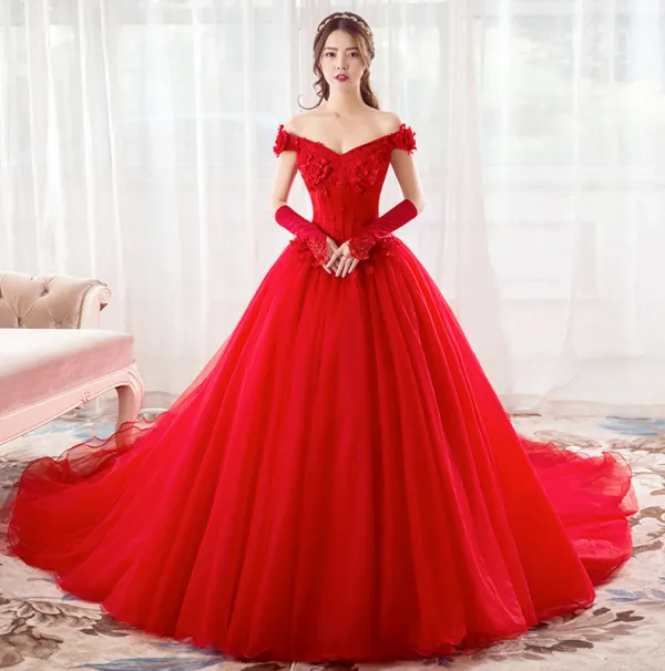 Chic Beautiful Red Wedding Dresses 2019 A Line Princess Off The Shoulder Pearl Rhinestone Appliques Lace Flower Short Sleeve Backless Cathedral Train