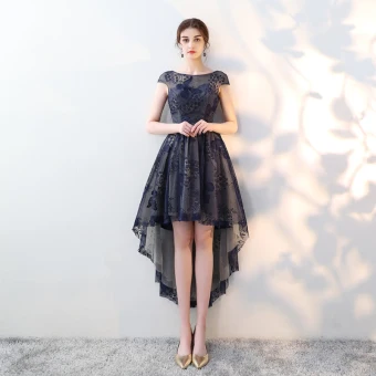 Élégant Bleu Marine Robe De Cocktail 2018 Princesse Dentelle Encolure Dégagée Dos Nu Asymétrique Robe De Ceremonie