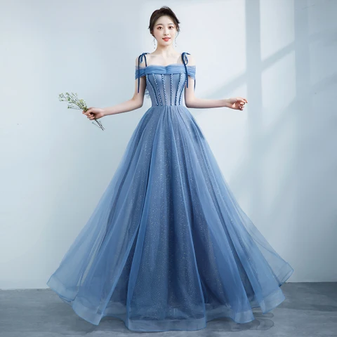 Chic / Belle Bleu Ciel Robe De Bal 2021 Princesse Bretelles Spaghetti Perlage Noeud Sans Manches Dos Nu Longue Robe De Ceremonie