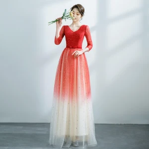 Mode Rouge Dégradé De Couleur Robe De Bal 2021 Princesse V Cou Étoile Paillettes 3 4 Manches Dos Nu Longue Robe De Ceremonie