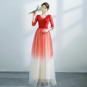 Fashion Red Gradient Color Prom Dresses 2021 A Line Princess V Neck Star Sequins 3 4 Sleeve Backless Floor Length Long Formal Dresses