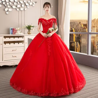 Chic Beautiful Red Wedding Dresses 2019 Ball Gown Off The Shoulder Beading Crystal Sequins Lace Flower Sleeveless Backless Cathedral Train