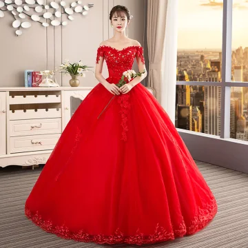 Chic Beautiful Red Wedding Dresses 2019 Ball Gown Off The Shoulder Beading Crystal Sequins Lace Flower Sleeveless Backless Cathedral Train