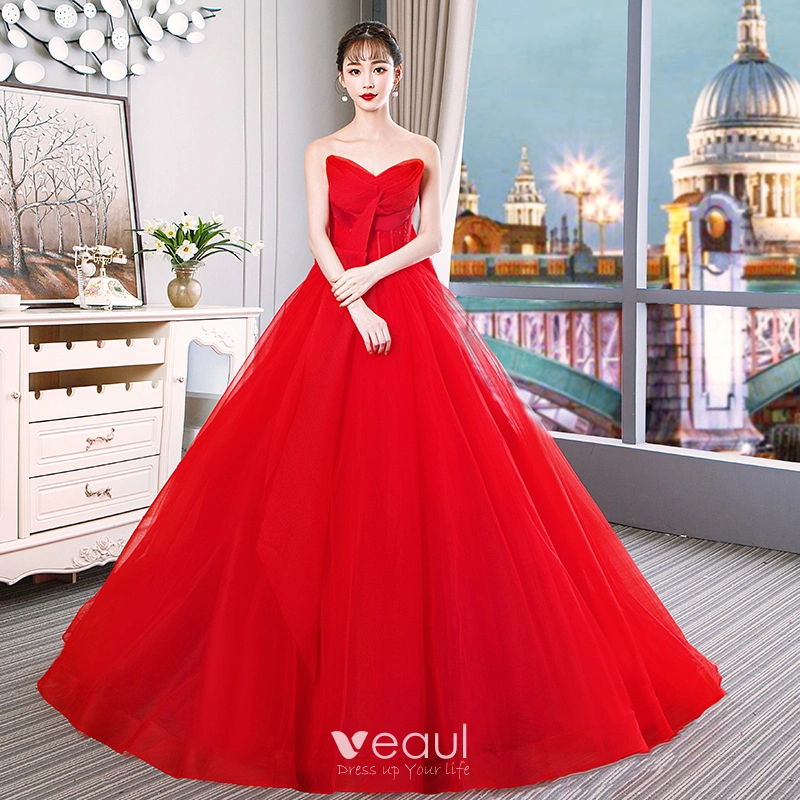 Charming Red Wedding Dresses 2019 A Line Princess Strapless Sequins Sleeveless Bow Royal