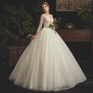 Élégant Champagne Robe De Mariée 2019 Princesse V Cou Perlage En Dentelle Paillettes 3 4 Manches Dos Nu Longue