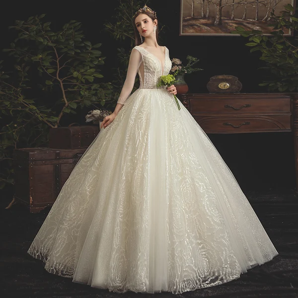 Élégant Champagne Robe De Mariée 2019 Princesse V-Cou Perlage En Dentelle Paillettes 3/4 Manches Dos Nu Longue