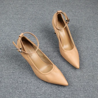 Chic Beautiful Khaki Office Pumps 2019 Leather 7 Cm Stiletto Heels Ankle Strap Pointed Toe Pumps